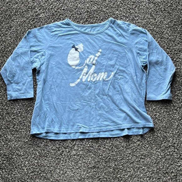 “Cat Mom” Womens Petite XL Blue/White Long Sleeve 100% Cotton Tshirt Top - Picture 1 of 7
